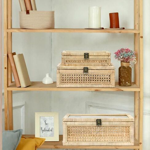 صناديق عرض Boho Rattan مع أغطية الروطان، 3 قطع سلة قصب كبيرة منسوجة يدويًا، صناديق تخزين منظمات ديكور المنزل، صناديق عرض ذات لمسة نهائية طبيعية in Kuwait