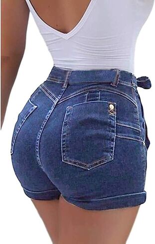 Women's High Waist Denim Stretchy Shorts Casual Classic Folded Hem Belt Washed Summer Jeans Sexy Shorts in Saudi Arabia