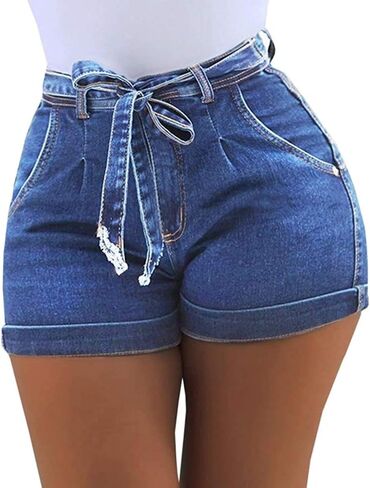 Women's High Waist Denim Stretchy Shorts Casual Classic Folded Hem Belt Washed Summer Jeans Sexy Shorts in Saudi Arabia