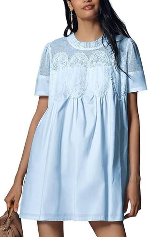 فستان VAOYIU نسائي قصير من الدانتيل الكروشيه ورقبة دائرية وأكمام قصيرة ملابس شبكية شفافة ملابس كاجوال مع تصميم خلفي من الدانتيل in Kuwait