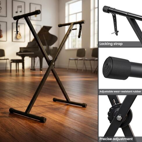 حامل لوحة مفاتيح Single-X، حامل بيانو قابل للتعديل، حامل موسيقى لبيانو كهربائي 54-88 مفتاح، حامل بيانو رقمي مع أشرطة قابلة للقفل، (6 ارتفاعات قابلة للتعديل)، أسود in Kuwait