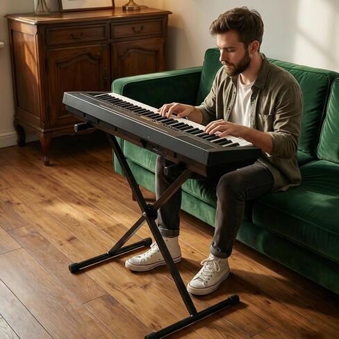 حامل لوحة مفاتيح Single-X، حامل بيانو قابل للتعديل، حامل موسيقى لبيانو كهربائي 54-88 مفتاح، حامل بيانو رقمي مع أشرطة قابلة للقفل، (6 ارتفاعات قابلة للتعديل)، أسود in Kuwait