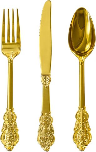 Goodluck 75 Pack Gold Plastic Silverware Set – Heavy Duty Disposable Cutlery, Includes 25 Forks, 25 Spoons, 25 Knives, Elegant Vintage Design for Weddings, Parties, Thanksgiving, and Daily Use in Kuwait