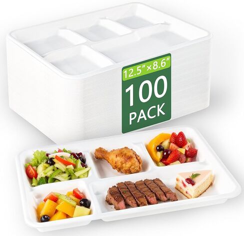WELLIFE 100% Compostable 5 Compartment Paper Plates, 100 Pack Disposable School Lunch Trays Divided Plates for Adult Youth, 12.5 * 8.6 inch Heavy Duty Eco-Friendly Bagasse Plate for Buffet and Party in Kuwait