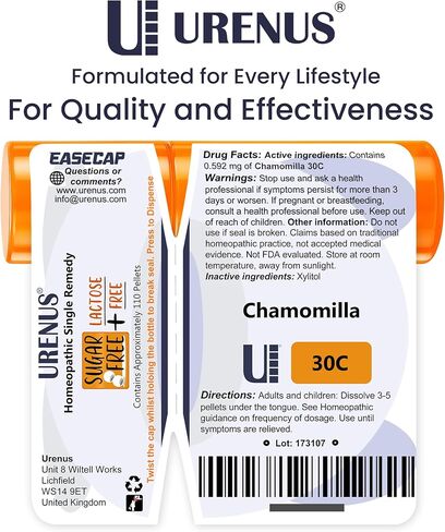Chamomilla 30C Sugar Free Lactose Free Homeopathic Remedy 110 Pellets, Urenus in Saudi Arabia