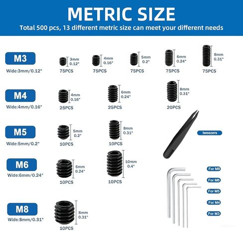 مجموعة متنوعة من البراغي المكونة من 500 قطعة، M3 M4 M5 M6 M8 Allen Hex المقبس، براغي رأس مقبس سداسي، لمسة نهائية سوداء من سبائك الصلب، لتركيبات الحمام، والأثاث، والأعمال اليدوية والإصلاح (5 مفاتيح ربط، 1 ملقط) in Kuwait