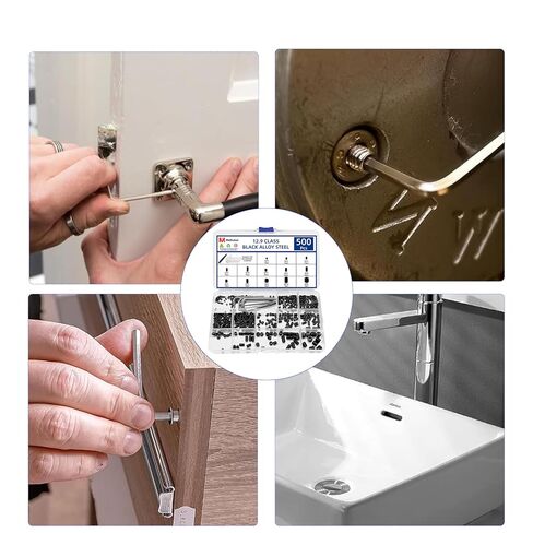 مجموعة متنوعة من البراغي المكونة من 500 قطعة، M3 M4 M5 M6 M8 Allen Hex المقبس، براغي رأس مقبس سداسي، لمسة نهائية سوداء من سبائك الصلب، لتركيبات الحمام، والأثاث، والأعمال اليدوية والإصلاح (5 مفاتيح ربط، 1 ملقط) in Kuwait