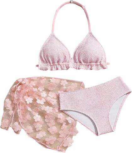 Verdusa Girl's 3 Piece Floral Halter Bikini Set Textured Cute Swimsuits with Mesh Cover Up Skirt in Saudi Arabia