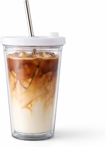 Reusable Iced Coffee Cup 16 Oz, Leakproof Iced Coffee Tumbler, Clear Plastic Tumbler with Lid and Straw, Double Wall Insulated, BPA-Free, No Sweat, for Hot and Cold Drinks in Saudi Arabia