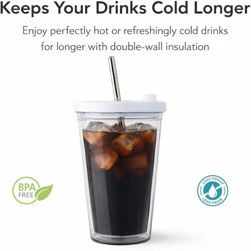 Reusable Iced Coffee Cup 16 Oz, Leakproof Iced Coffee Tumbler, Clear Plastic Tumbler with Lid and Straw, Double Wall Insulated, BPA-Free, No Sweat, for Hot and Cold Drinks in Saudi Arabia