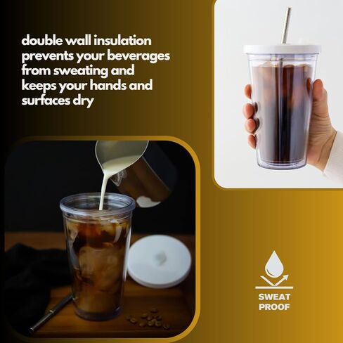 Reusable Iced Coffee Cup 16 Oz, Leakproof Iced Coffee Tumbler, Clear Plastic Tumbler with Lid and Straw, Double Wall Insulated, BPA-Free, No Sweat, for Hot and Cold Drinks in Saudi Arabia
