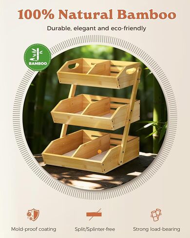 Sevenblue 3 Tier Large Bamboo Fruit Basket for Kitchen Counter with 2 Banana Holders, Kitchen Countertop Organizer with Protective Mats, Tiered Fruit Bowl for Bread Snack Veggies with Dividers in Saudi Arabia