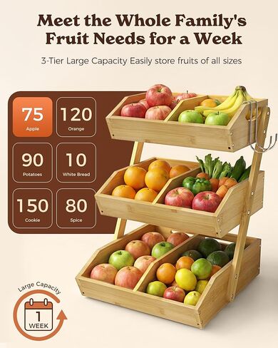 Sevenblue 3 Tier Large Bamboo Fruit Basket for Kitchen Counter with 2 Banana Holders, Kitchen Countertop Organizer with Protective Mats, Tiered Fruit Bowl for Bread Snack Veggies with Dividers in Saudi Arabia
