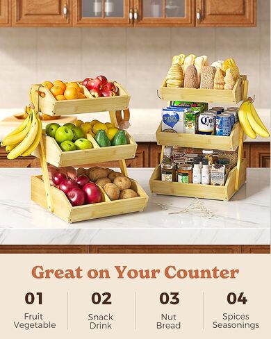 Sevenblue 3 Tier Large Bamboo Fruit Basket for Kitchen Counter with 2 Banana Holders, Kitchen Countertop Organizer with Protective Mats, Tiered Fruit Bowl for Bread Snack Veggies with Dividers in Saudi Arabia