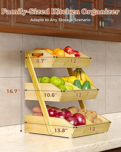 Sevenblue 3 الطبقة سلة فاكهة الخيزران كبيرة لعداد المطبخ مع 2 أصحاب الموز، منظم كونترتوب المطبخ مع الحصير الواقية، وعاء الفاكهة المتدرج للخبز وجبة خفيفة الخضار مع فواصل in Kuwait