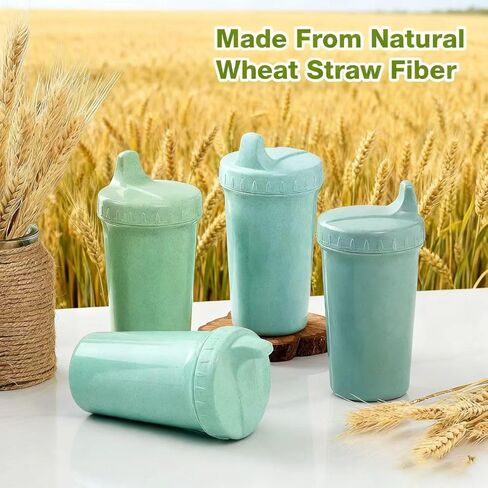 Meolibour 4 Packs Wheat Straw Sippy Cups for Toddlers Kids, Reusable Plastic Spill Proof Cups for Kids Baby, Dishwasher/Microwave Safe - Unbreakable Hard Spout Sippy Cups for Toddlers in Saudi Arabia