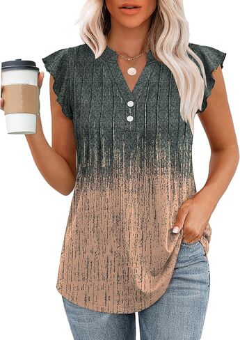OFEEFAN Summer Tops for Women Button Down Blouses for Women Dressy Casual V Neck T Shirts Ruffle Sleeve in Saudi Arabia