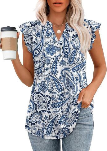 قمصان OFEEFAN الصيفية للنساء بلوزات بأزرار سفلية للنساء، قمصان كاجوال برقبة على شكل حرف V وأكمام مكشكشة in Saudi Arabia