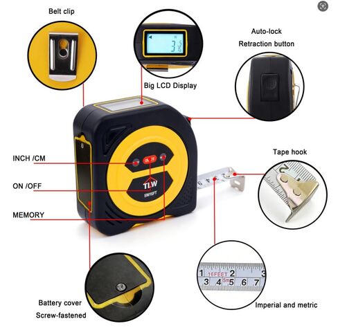 TLW Digital Tape Measure 16ft/5m, 25mm Wide Blade Retractable Measuring Tape with Easy Read LCD Screen, 9 Data Memory, 2-in-1 Auto Lock Metric and Imperial Units in Saudi Arabia