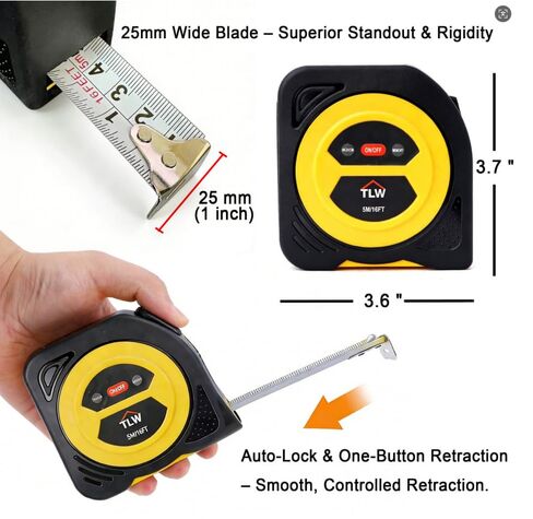 TLW Digital Tape Measure 16ft/5m, 25mm Wide Blade Retractable Measuring Tape with Easy Read LCD Screen, 9 Data Memory, 2-in-1 Auto Lock Metric and Imperial Units in Saudi Arabia