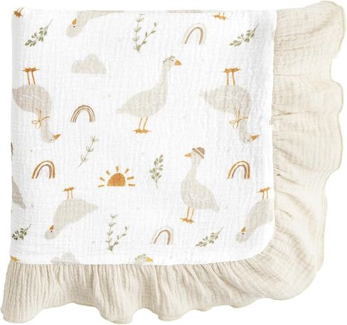 david's kids 100% Muslin Cotton Flounce Baby Blanket for Boy Girl, 47" x47' | Large Size, Ultra Soft Crib Swaddle Blankets, Reversible Design & Breathable Nursery Bedding for Newborns Toddlers, Goose in Saudi Arabia