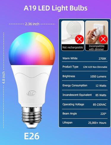 ILC LED Light Bulb 85W Equivalent, Color Changing Light Bulbs 2700K Warm White, Remote Control RGB 6 Modes, Timing, Sync, Dimmable E26 Screw Base (2 Pack) in Saudi Arabia