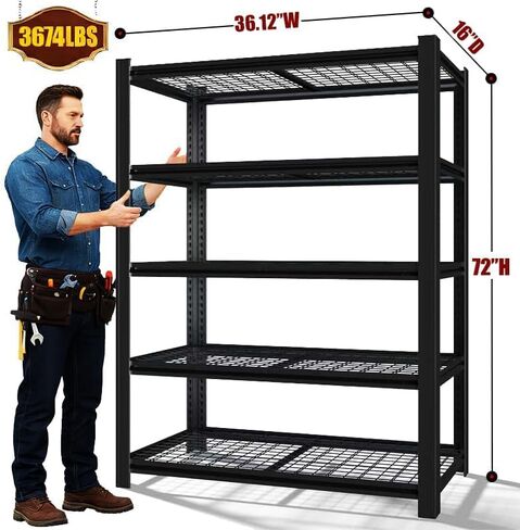 72" H x 36.12" W x 16" D Instrial 5-Heavy-Duty-Shelf Storage-Rack Adjustable Shed Shelving Metal Shelves Steel (Wire) Garage Bin Shelving Unit-s Organizer System for Basement/Kitchen, Black in Saudi Arabia