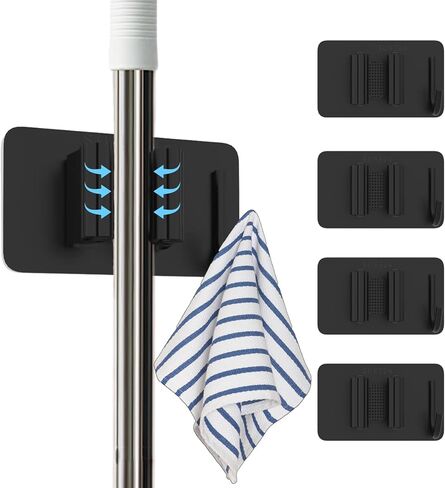 6 Pack Stainless Steel Mop and Broom Holders – Wall Mounted Grippers with Adhesive or Nail-Free Glue, No-Drill Installation for Kitchen, Bathroom, Garage in Saudi Arabia
