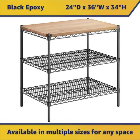 رفوف سلكية سوداء مقاس 24 بوصة عمق × 36 بوصة عرض × 34 بوصة ارتفاع - رف تخزين متعدد الأغراض قابل للتعديل للخدمة الشاقة مكون من 3 أرفف in Kuwait