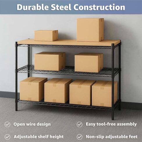 رفوف سلكية سوداء مقاس 24 بوصة عمق × 36 بوصة عرض × 34 بوصة ارتفاع - رف تخزين متعدد الأغراض قابل للتعديل للخدمة الشاقة مكون من 3 أرفف in Kuwait