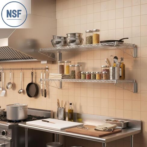 رف تثبيت على الحائط بسلك تجاري من الكروم مكون من قطعتين، رف عائم مثبت على الحائط مقاس 18 بوصة × 60 بوصة بوزن 360 رطل، رفوف ثابتة للمطبخ، وغرف المخزون، والمنزل، والفندق، والمكتب، وNSF in Kuwait