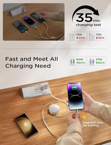 LISEN 5-in-1 Fast Charging Retractable Cable for iPhone, iPad, Samsung - 60W Charger with USB-C/A Ports for Phones, Tablets in Saudi Arabia
