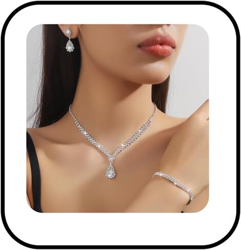 Prom Earrings Necklace Bracelet Set for Women Bridal Wedding Prom Jewelry Set Sparkling Cubic Zirconia Teardrop Pendant Necklace Earrings Elegant Bridal Accessories for Weddings Prom Parties in Saudi Arabia