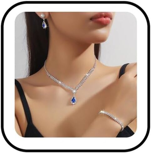 Prom Earrings Necklace Bracelet Set for Women Bridal Wedding Prom Jewelry Set Sparkling Cubic Zirconia Teardrop Pendant Necklace Earrings Elegant Bridal Accessories for Weddings Prom Parties in Saudi Arabia