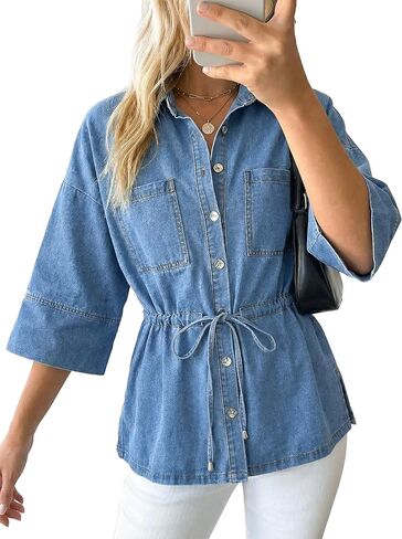 قمصان دينم نسائية كبيرة الحجم بأكمام طويلة وأزرار سفلية، بلوزة خريف بياقة على شكل V، قمة غير رسمية، خصر برباط عصري، ملابس يومية in Kuwait