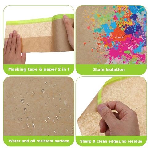 4 Rolls Pre-Taped Masking Paper, 6" x 50 Ft Adhesive Protective Painters Paper for Covering Cars, Furniture, Floors & Frames in Saudi Arabia