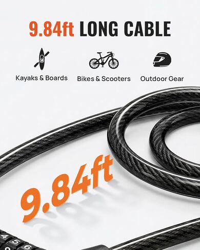 قفل كابل سبورتنير كاياك بطول 9.84 قدم، قفل دراجة شديد التحمل 10 ملم مع مجموعة مكونة من 4 أرقام قابلة لإعادة الضبط، كابل رفيع يناسب فتحات سكوبر، مضاد للسرقة للدراجات والسكوتر والشواية والعتاد الخارجي in Saudi Arabia