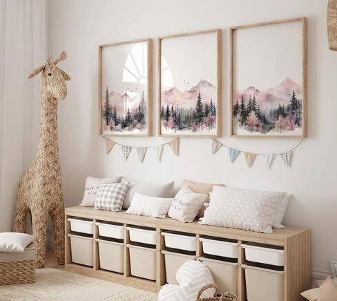 NATVVA Set Of 3 Prints Adventure Theme Wall Art Blush Pink And Gray Forest Canvas Painting Pictures for Girl Mountain Nursery Baby Girl Bedroom Decor With Inner Frame in Saudi Arabia