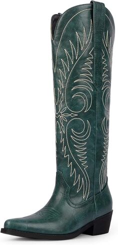 Modatope Cowboy Boots for Women Knee High Cowgirl Boots Embroidered Pointed Toe Chunky Heel Western Boots Pull On Wide Calf Tall Boot in Saudi Arabia