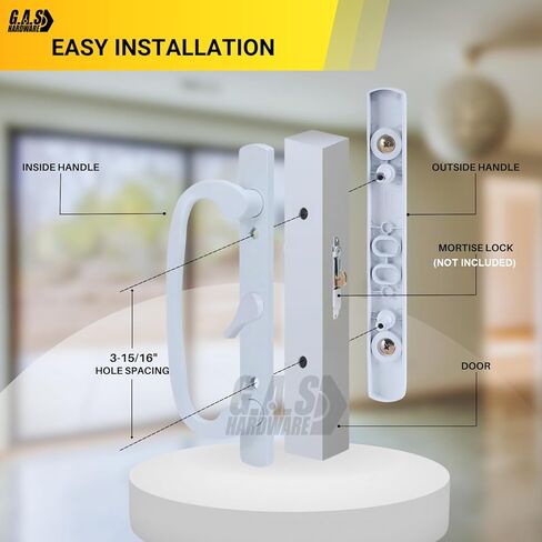 8.5" Legacy Sliding Patio Door Handle Set – White, Non-Keyed, Center Latch – Fits 3-15/16" Screw Spacing, 1-1/4" to 2-1/4" Thick Doors– Sash Controls 2265 Handle Replacement– Mortise Lock NOT Included in Saudi Arabia