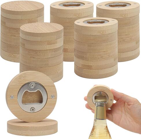 30pcs Bamboo Bottle Opener, Wood Bulk Wooden Openers, Fridge Magnet Round Beer Opener, 2.6" Magnetic Sticker for DIY Bar Decoration Refrigerator Coaster Gift Guest Lover Wedding Kitchens Home Parties in Saudi Arabia