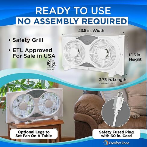 Comfort Zone Twin Window Fan with Remote Control, Removable Cover, Reversible, 9 inch, 3 Speed, 3 Function, Expandable, Exhaust, Airflow 8.40 ft/sec, Ideal for Home, Kitchen, Bedroom & Office, CZ310R in Saudi Arabia