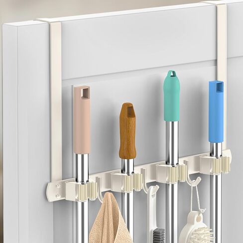 حامل مكنسة فوق الباب - ممسحة من الفولاذ المقاوم للصدأ 304 وحامل مكنسة مثبت على الحائط أو معلق على الباب بخطافات - شماعة مكنسة، منظم أدوات تخزين المكنسة لغسيل الخزانة - بيج فاتح in Kuwait
