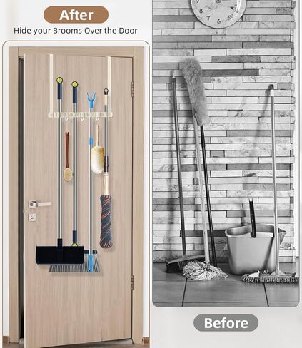 حامل مكنسة فوق الباب - ممسحة من الفولاذ المقاوم للصدأ 304 وحامل مكنسة مثبت على الحائط أو معلق على الباب بخطافات - شماعة مكنسة، منظم أدوات تخزين المكنسة لغسيل الخزانة - بيج فاتح in Kuwait