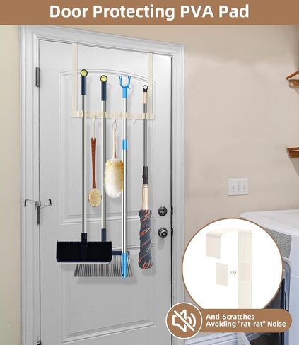 حامل مكنسة فوق الباب - ممسحة من الفولاذ المقاوم للصدأ 304 وحامل مكنسة مثبت على الحائط أو معلق على الباب بخطافات - شماعة مكنسة، منظم أدوات تخزين المكنسة لغسيل الخزانة - بيج فاتح in Kuwait