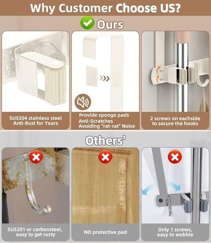 حامل مكنسة فوق الباب - ممسحة من الفولاذ المقاوم للصدأ 304 وحامل مكنسة مثبت على الحائط أو معلق على الباب بخطافات - شماعة مكنسة، منظم أدوات تخزين المكنسة لغسيل الخزانة - بيج فاتح in Kuwait