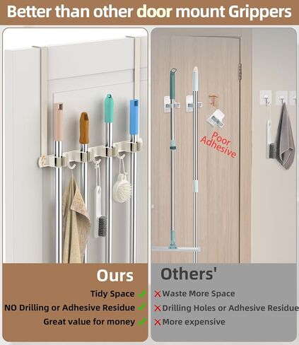 حامل مكنسة فوق الباب - ممسحة من الفولاذ المقاوم للصدأ 304 وحامل مكنسة مثبت على الحائط أو معلق على الباب بخطافات - شماعة مكنسة، منظم أدوات تخزين المكنسة لغسيل الخزانة - بيج فاتح in Kuwait