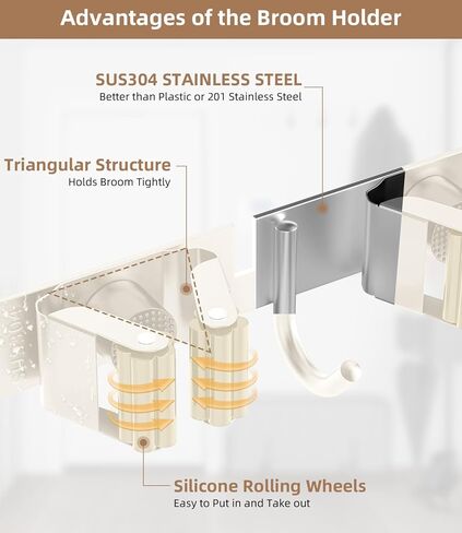 حامل مكنسة فوق الباب - ممسحة من الفولاذ المقاوم للصدأ 304 وحامل مكنسة مثبت على الحائط أو معلق على الباب بخطافات - شماعة مكنسة، منظم أدوات تخزين المكنسة لغسيل الخزانة - بيج فاتح in Kuwait