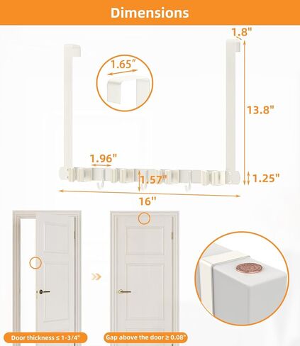 حامل مكنسة فوق الباب - ممسحة من الفولاذ المقاوم للصدأ 304 وحامل مكنسة مثبت على الحائط أو معلق على الباب بخطافات - شماعة مكنسة، منظم أدوات تخزين المكنسة لغسيل الخزانة - بيج فاتح in Kuwait