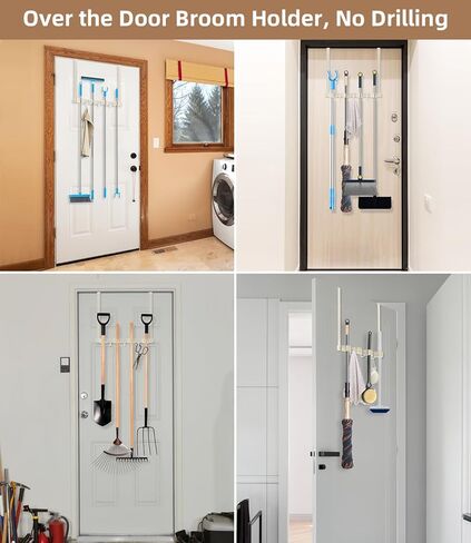 حامل مكنسة فوق الباب - ممسحة من الفولاذ المقاوم للصدأ 304 وحامل مكنسة مثبت على الحائط أو معلق على الباب بخطافات - شماعة مكنسة، منظم أدوات تخزين المكنسة لغسيل الخزانة - بيج فاتح in Kuwait